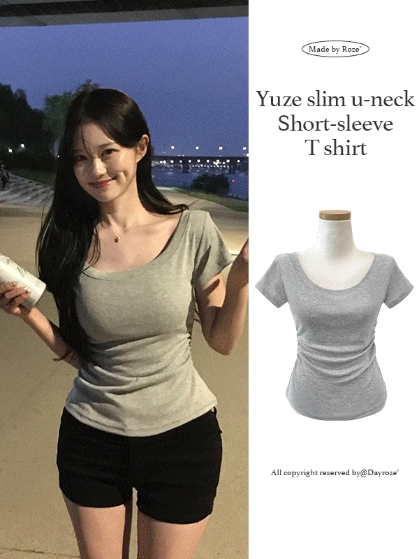[MADE][개말라핏/쫀쫀] 유즈 슬림 유넥 셔링 반팔티 (4color)