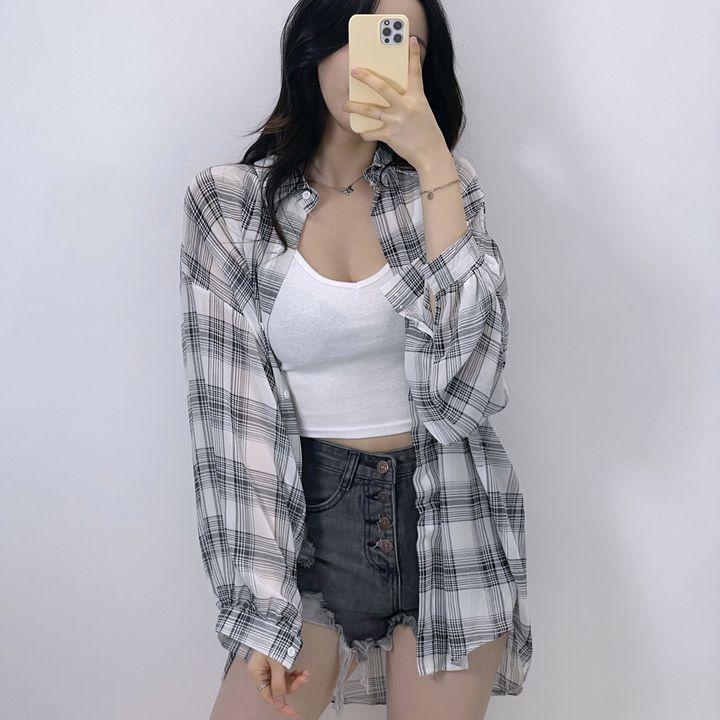 원트 [무료배송❣][1+1할인][여리핏/2col]여름 봄 간절기 벌룬 긴팔 시스루 오버핏 체크 남방 셔츠(2colors)
