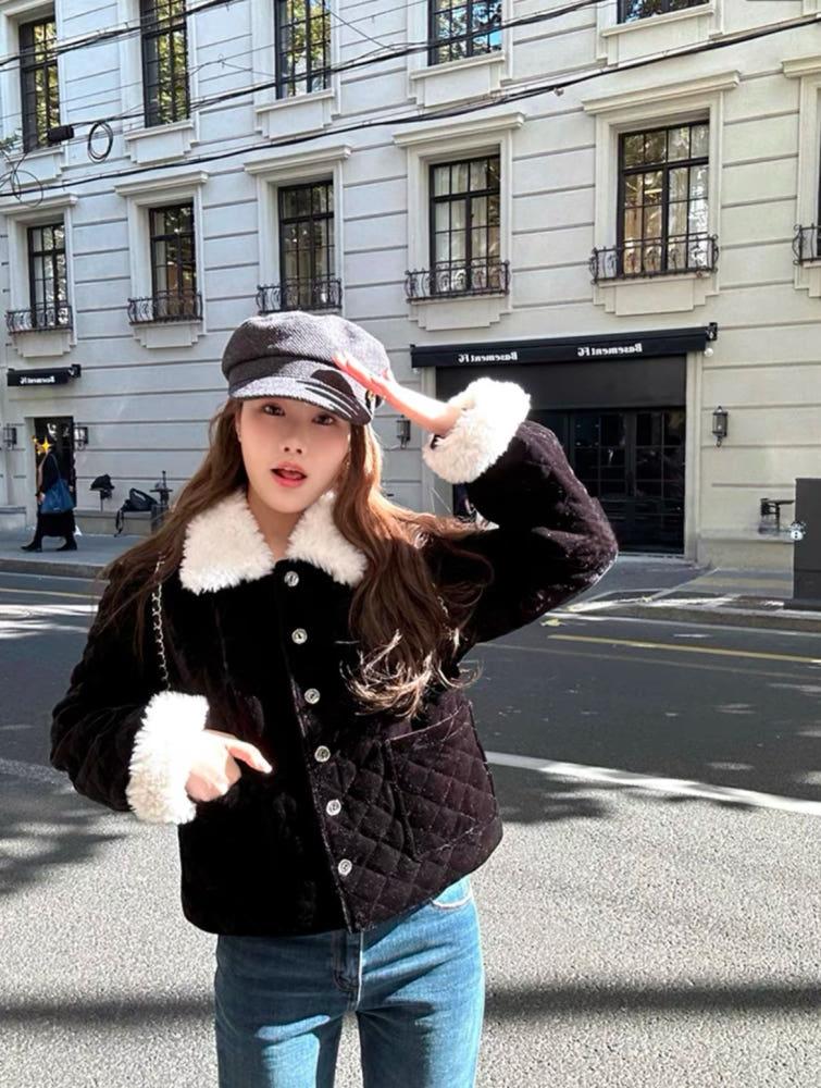 벨벳 배색 퍼 카라 퀄팅자켓(블랙)