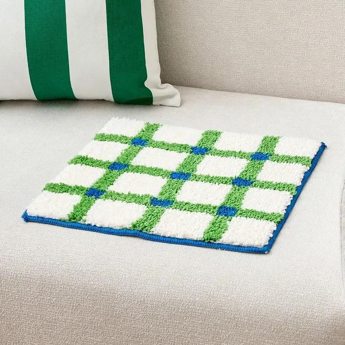 터프팅 체크 패턴 사각방석 그린블루 35x35