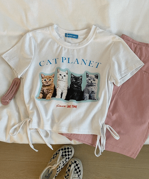 플래닛 캣 프린팅 리본크롭t