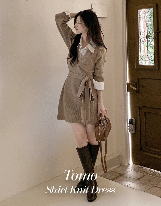 토모 셔츠 니트원피스(레이어드/스트랩/브이넥/데일리룩/데이트룩/연말룩)