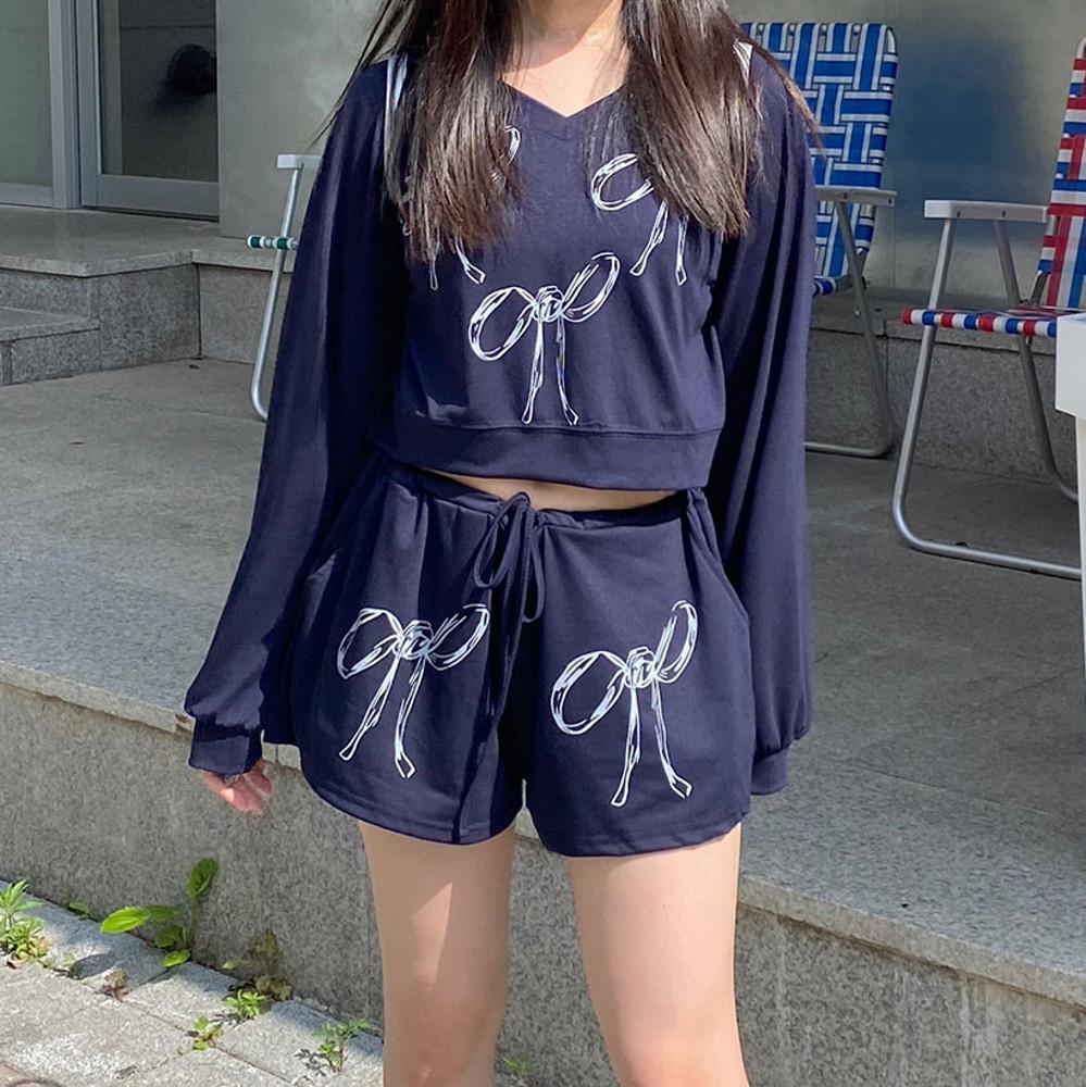 [쓰리하우스] 리본 프린팅 썸머 트레이닝 세트 4color (네이비,아이보리 당일발송)