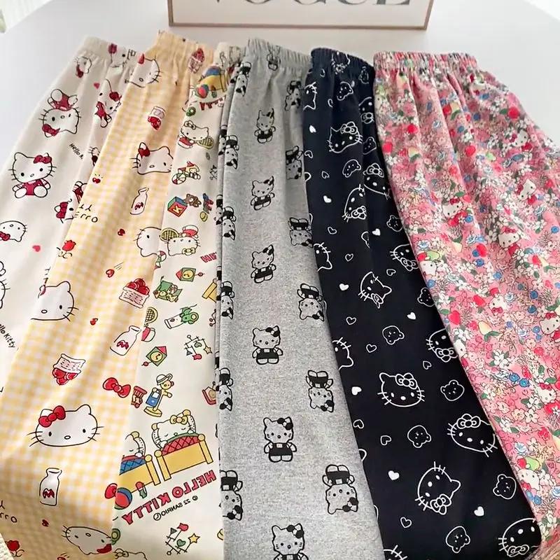 만화 헬로키티 프린트 귀여운 소녀 캐주얼 루즈핏 바지, 카와이 패션, 편안한 코튼 캐주얼 스포츠 바지, 홈 파자마 바지