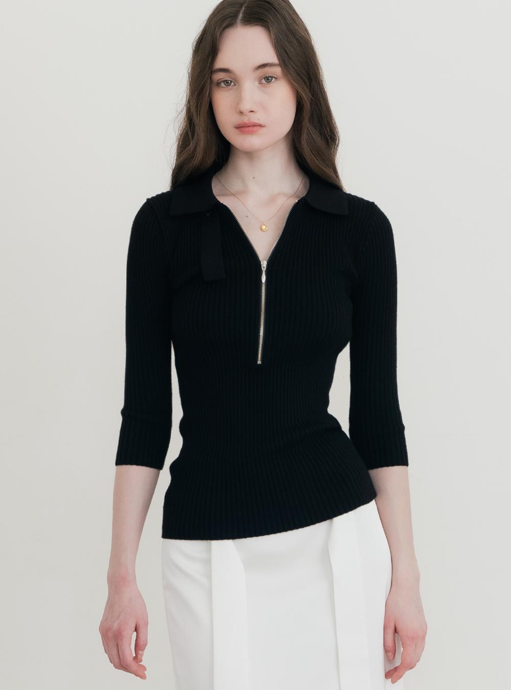 (W) 라운지 하프 니트 폴로 셔츠 블랙