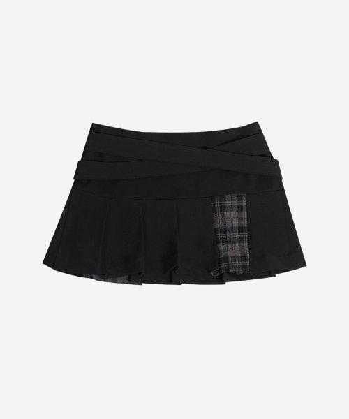 BELTED CHECK PLEATS SKIRT #BLACK