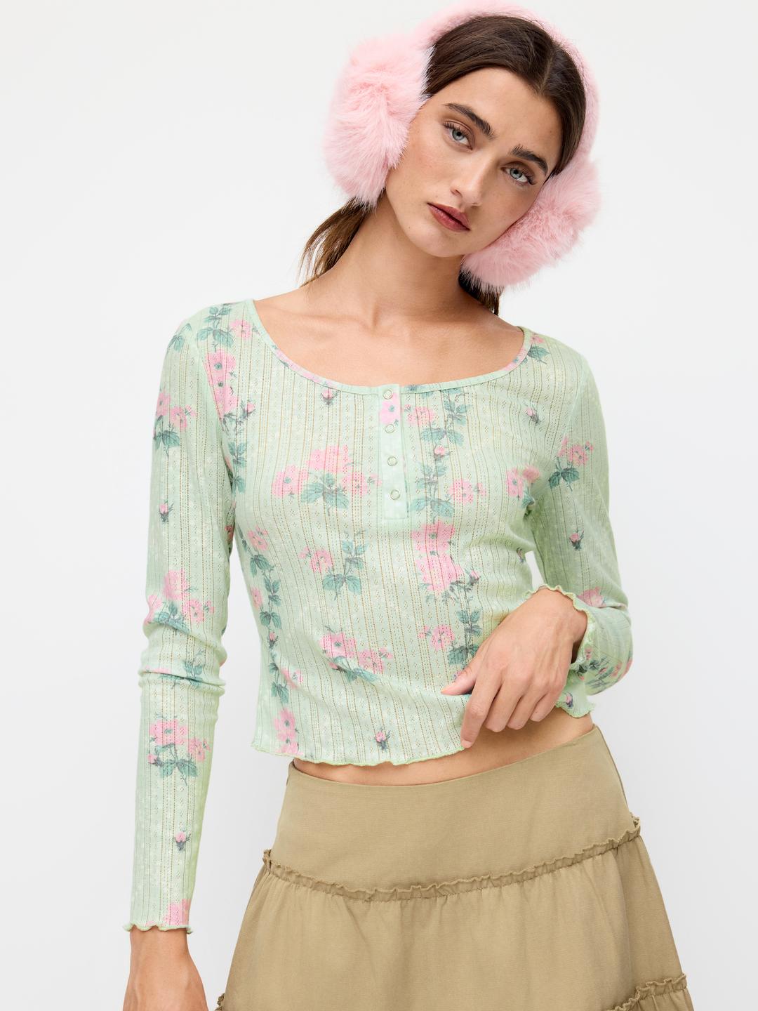 Floral Pointelle Long Sleeve Top