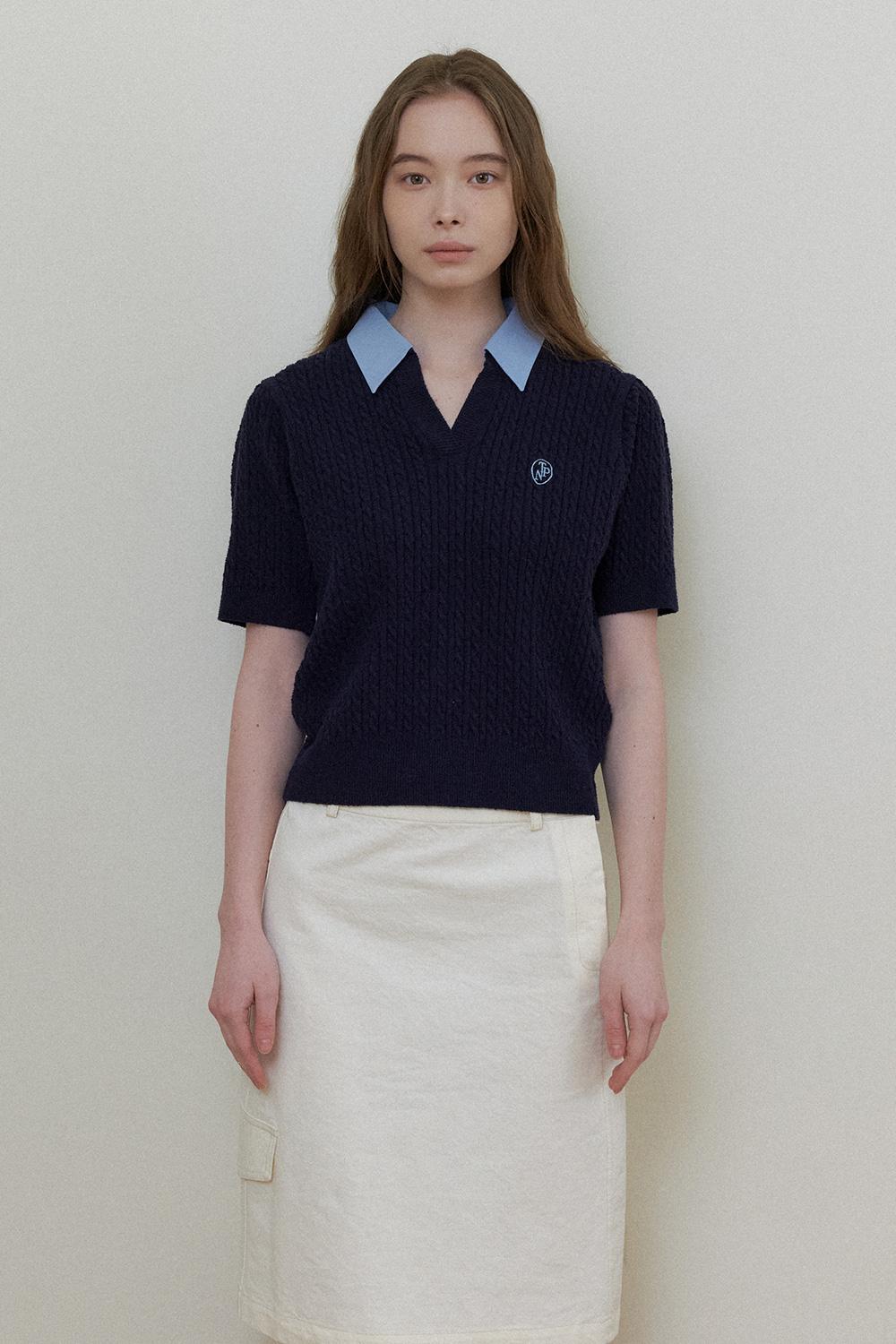 SHIRT COLLAR CABLE KNIT - Navy