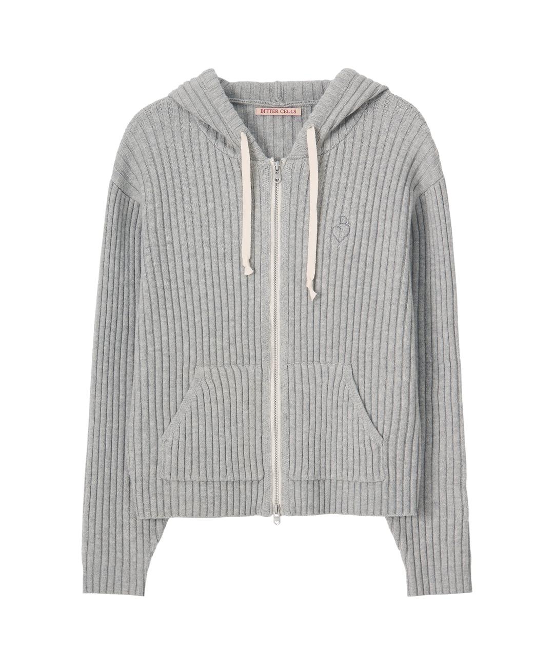Essential Ribbed Knit Hood Zip Up-Light Grey