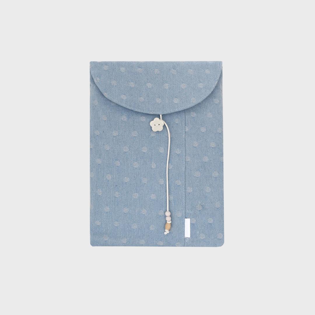 light blue dot denim laptop pouch