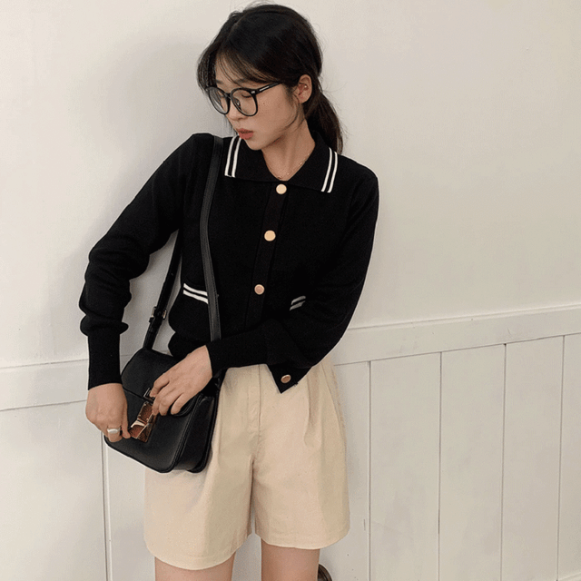 퓨어 카라 벌룬 금장 가디건 - 2color