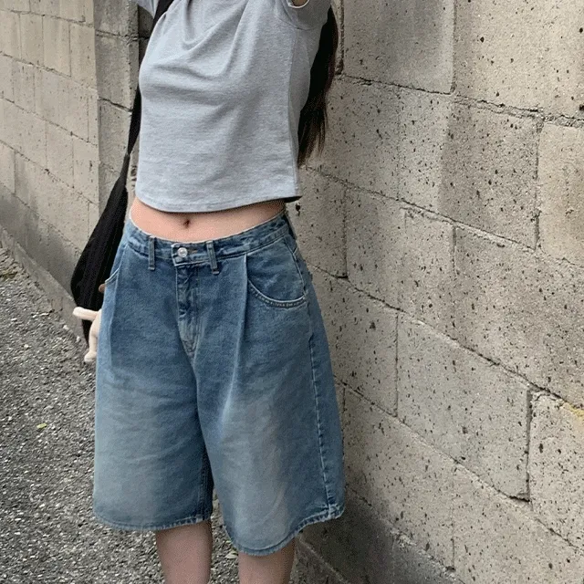 [코디치트키!/트렌디룩]미키 워싱 버뮤다 와이드 5부 데님 팬츠 - 1color