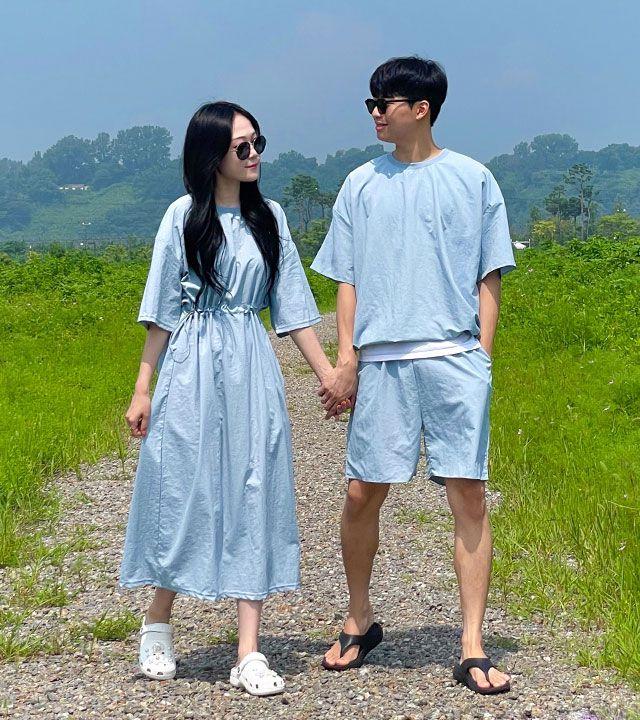 [3컬러] 나일론 아노락 스트링 여름 오버핏 빅사이즈 반팔 롱 원피스 티셔츠 트레이닝세트 트레이닝복 반팔티 커플룩 시밀러룩 휴가룩 캠핑룩