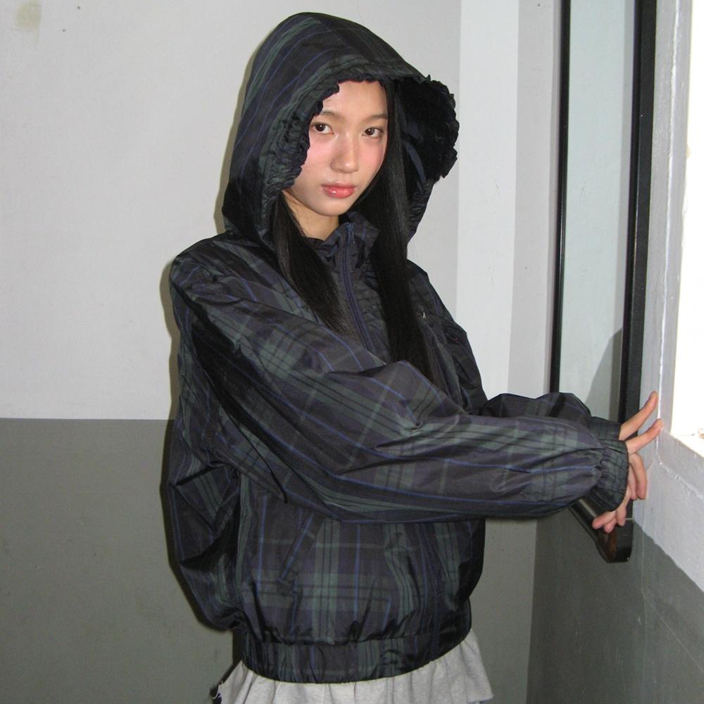 PENDANT FRILL HOODIE WIND JUMPER NAVY CHECK