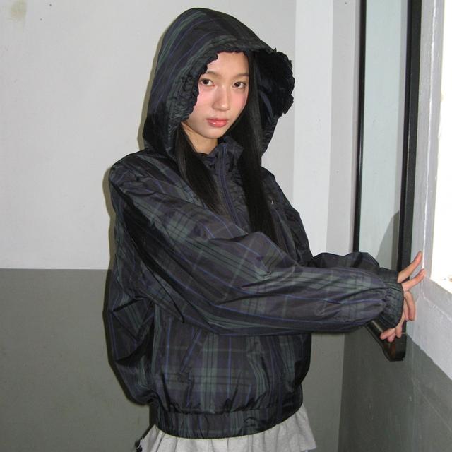 ◇RONRON◇ PENDANT FRILL HOODIE WIND JUMPER NAVY CHECK PENDANT FRILL HOODIE WIND JUMPER NAVY CHECK - RONRON 론론