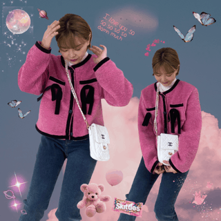 [사랑스러운/리본탈부착가능]벨벳 리본 브로치 노카라 부클 배색 라인 자켓 가디건 데이트룩 모임 하객룩 추천