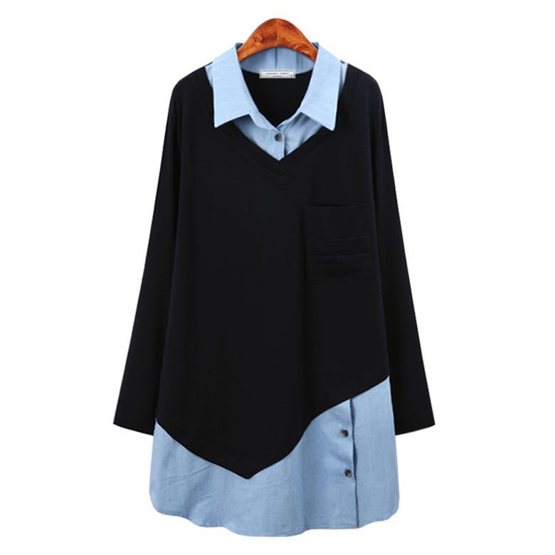 허밍퍼플 여성용 8457-DO 청 배색 남방 빅사이즈 청 카라 셔츠 남방 단추 단정한 오버 플러스 심플 여자옷 예쁜 여성의류