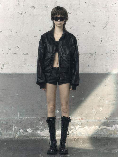 HIGH NECK POCKET LEATHER JUMPER