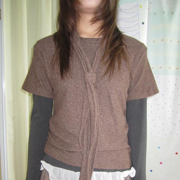 3MONTH round neck versatile loose T-shirt Brown with tie