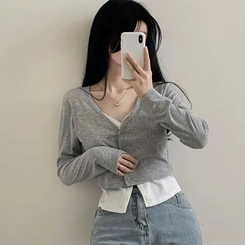 [레이어드] 크롭 브이넥 이중 긴팔 티셔츠 가디건