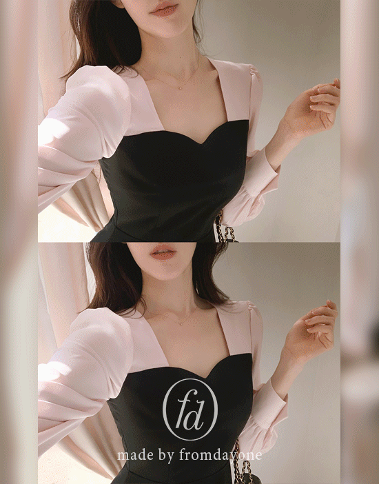 Made)블랙스완 하트넥 쉬폰 퍼프원피스(미니,롱.ver/H라인/훌라인/하객룩)