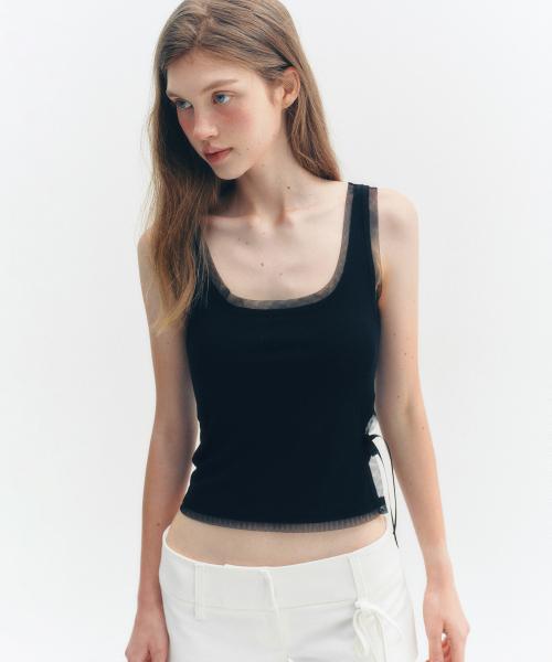 MESH SATIN RIBBON SLEEVELESS SHIRT_TT5S217BK