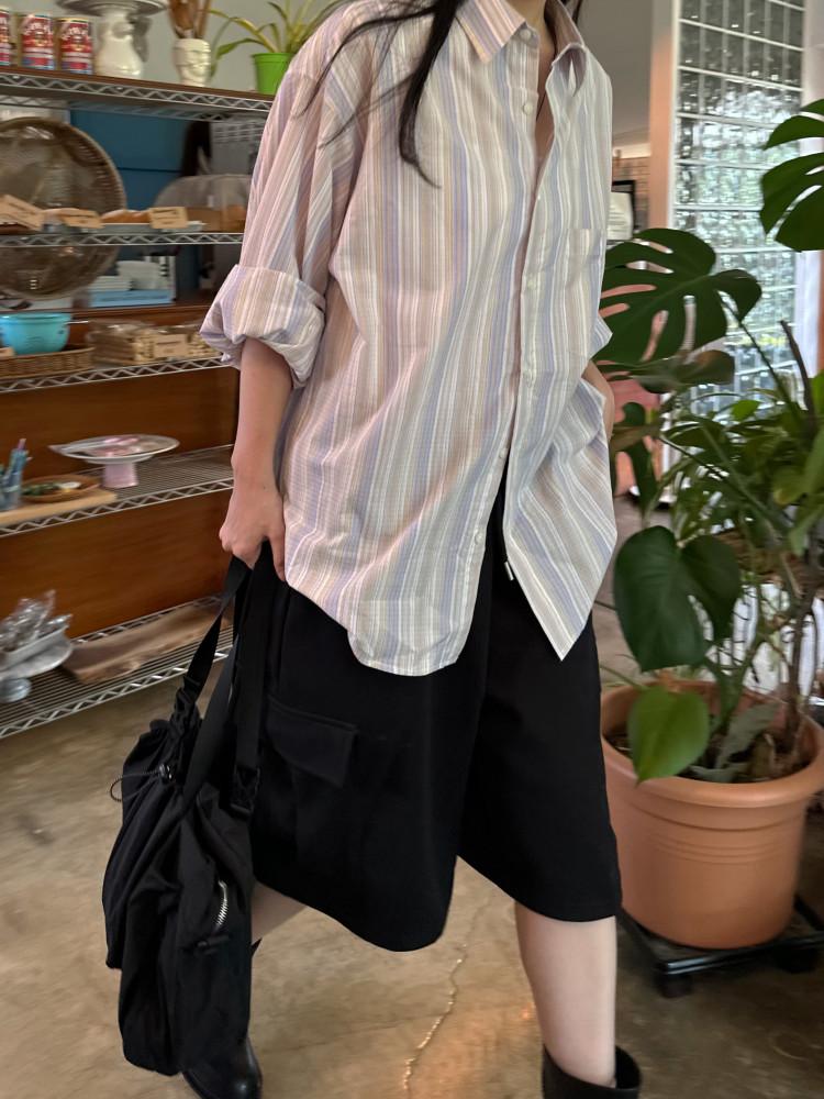 배색 스트라이프 긴팔 셔츠