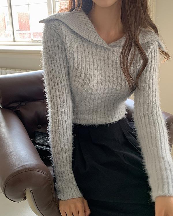 니드유 헤어리 골지 카라 숄 니트