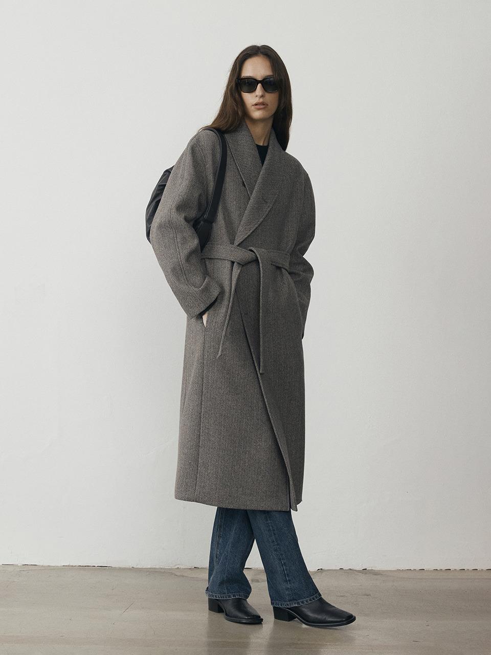 UNISEX HERRINGBONE SHAWL COLLAR ROBE COAT HERRINGBONE