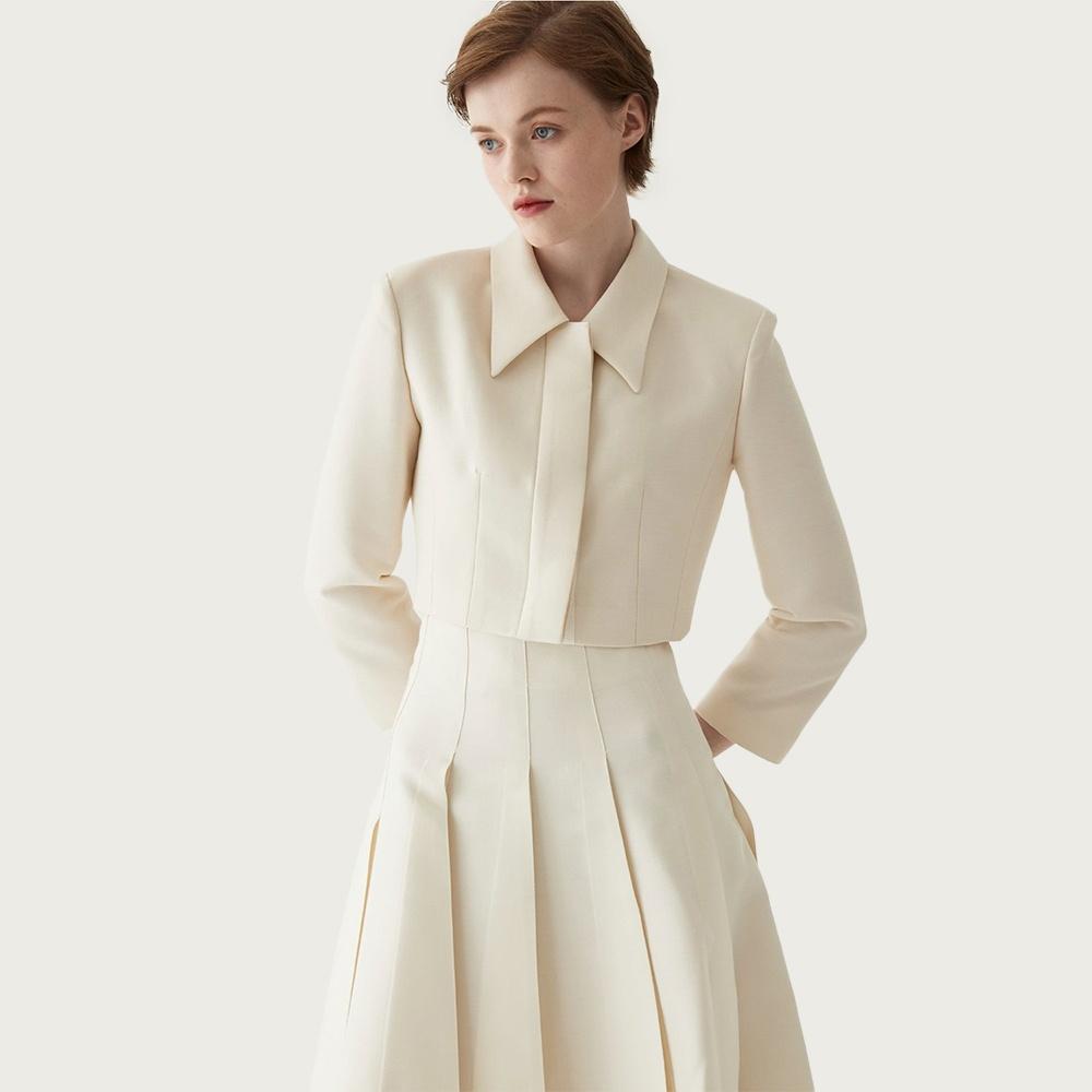 Cropped Wool Blend Tailored Jacket - Ivory