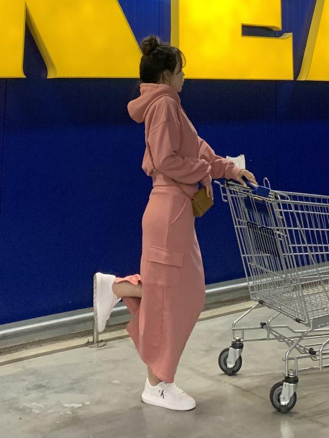 cargo skirt set 카고스커트 트레이닝 세트 크롭후드티 롱스커트 카고팬츠 숏후드티 원마일웨어 트레이닝복 후드집업세트 롱치마 원피스 투피스_콘니유