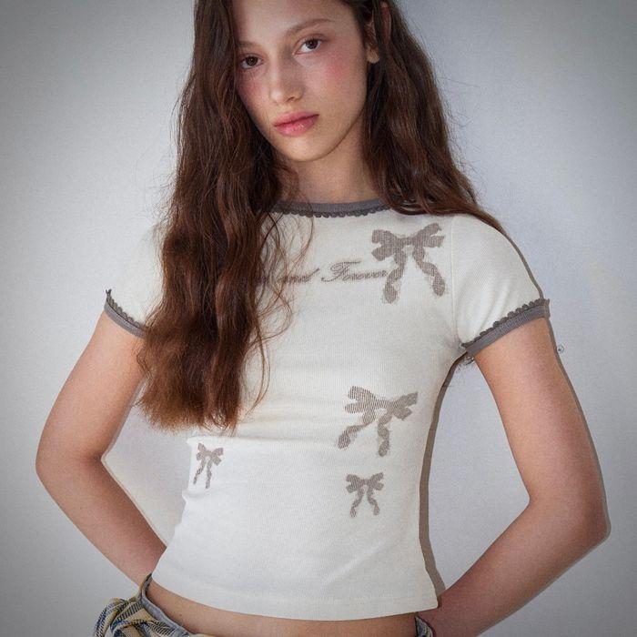 Ribbon Printed Slim Ringer T-shirt Ivory