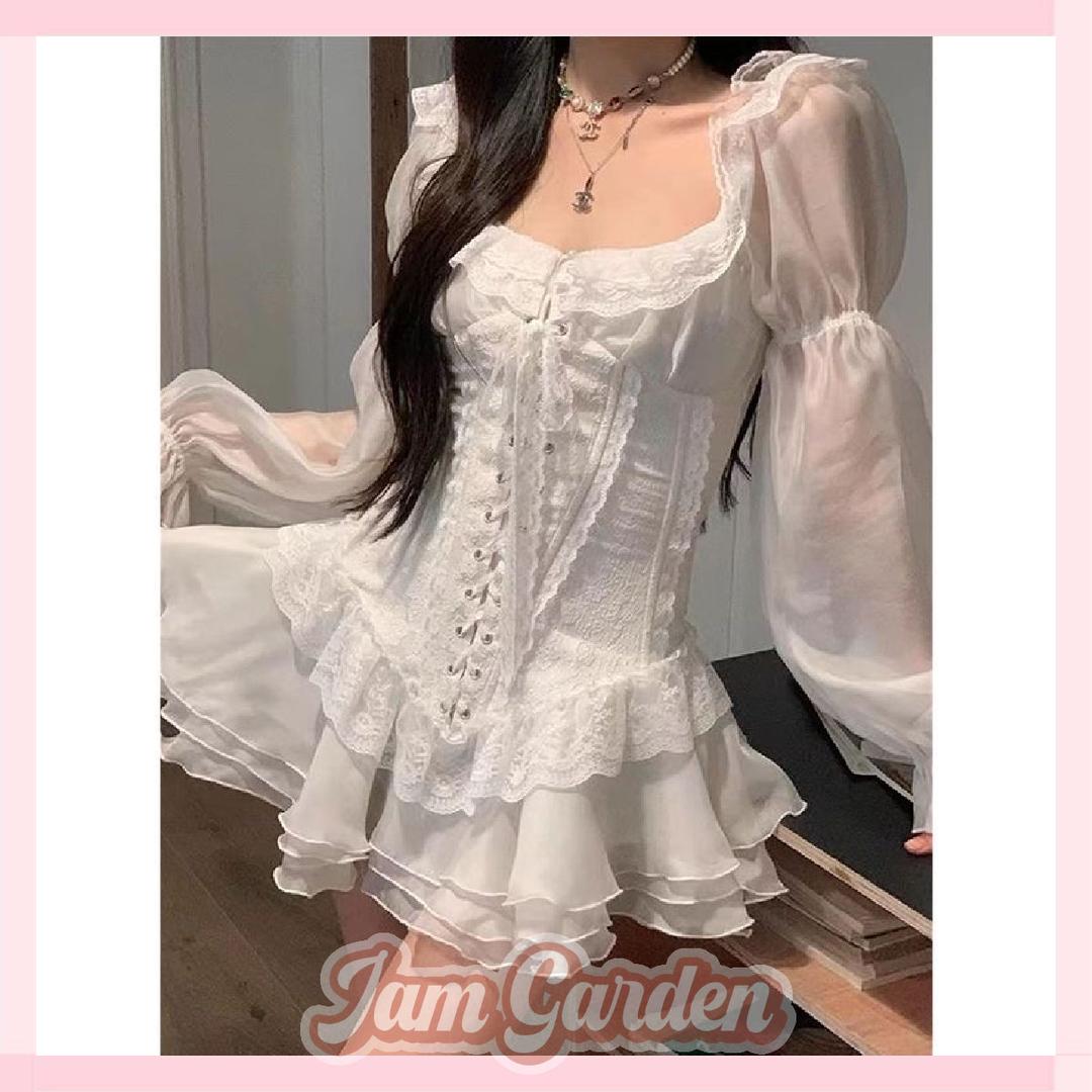 Sweet age-reducing puff sleeve dress for summer - S