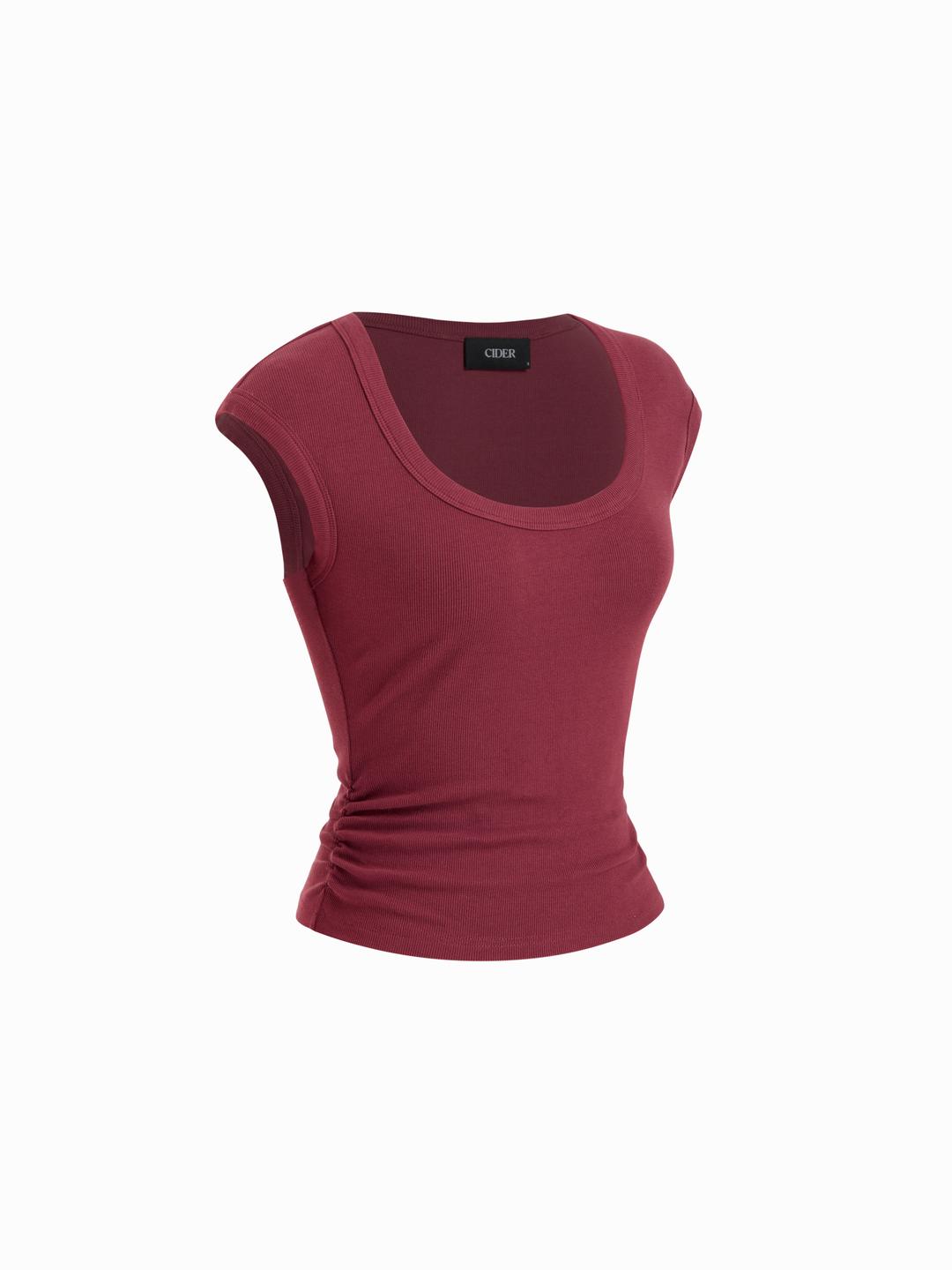 Cotton-blend U-neckline Ruched Tee