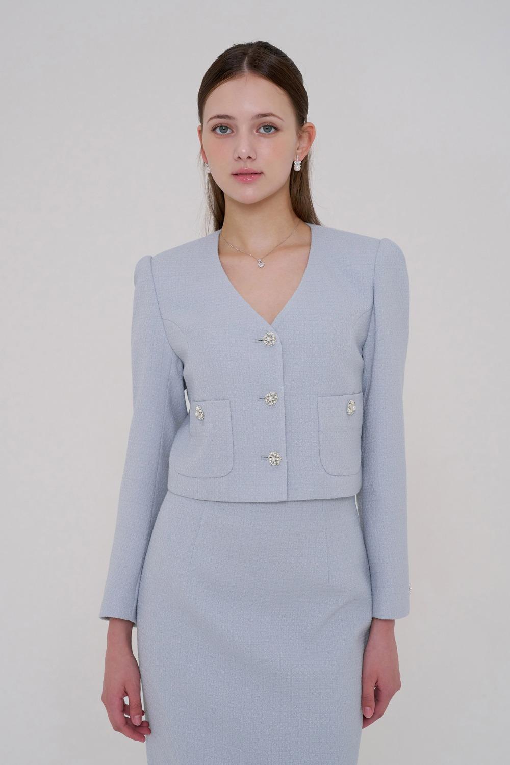 트위드 카라 리스 자켓 - 블루