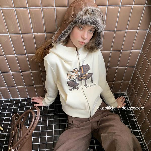 DKZ Cute Printed Short Apricot Fleece Hooded Cardigan