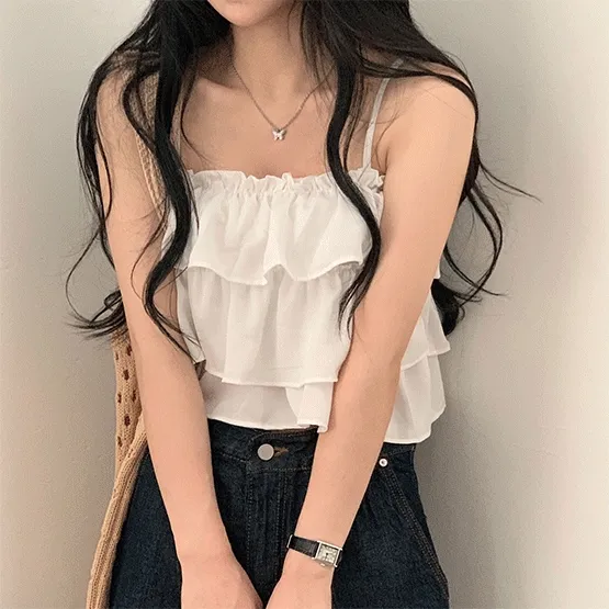 당일발송｜[베스트재진행] 메리미 프릴 캉캉 뷔스티에 크롭 끈나시;2col