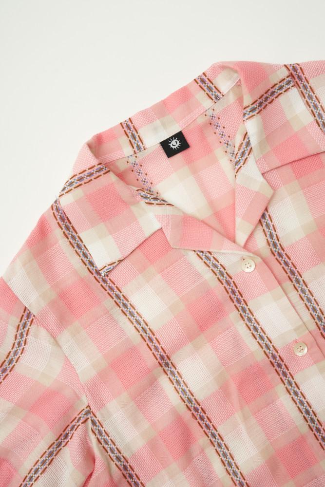 Embroider cotton check shirt_pink