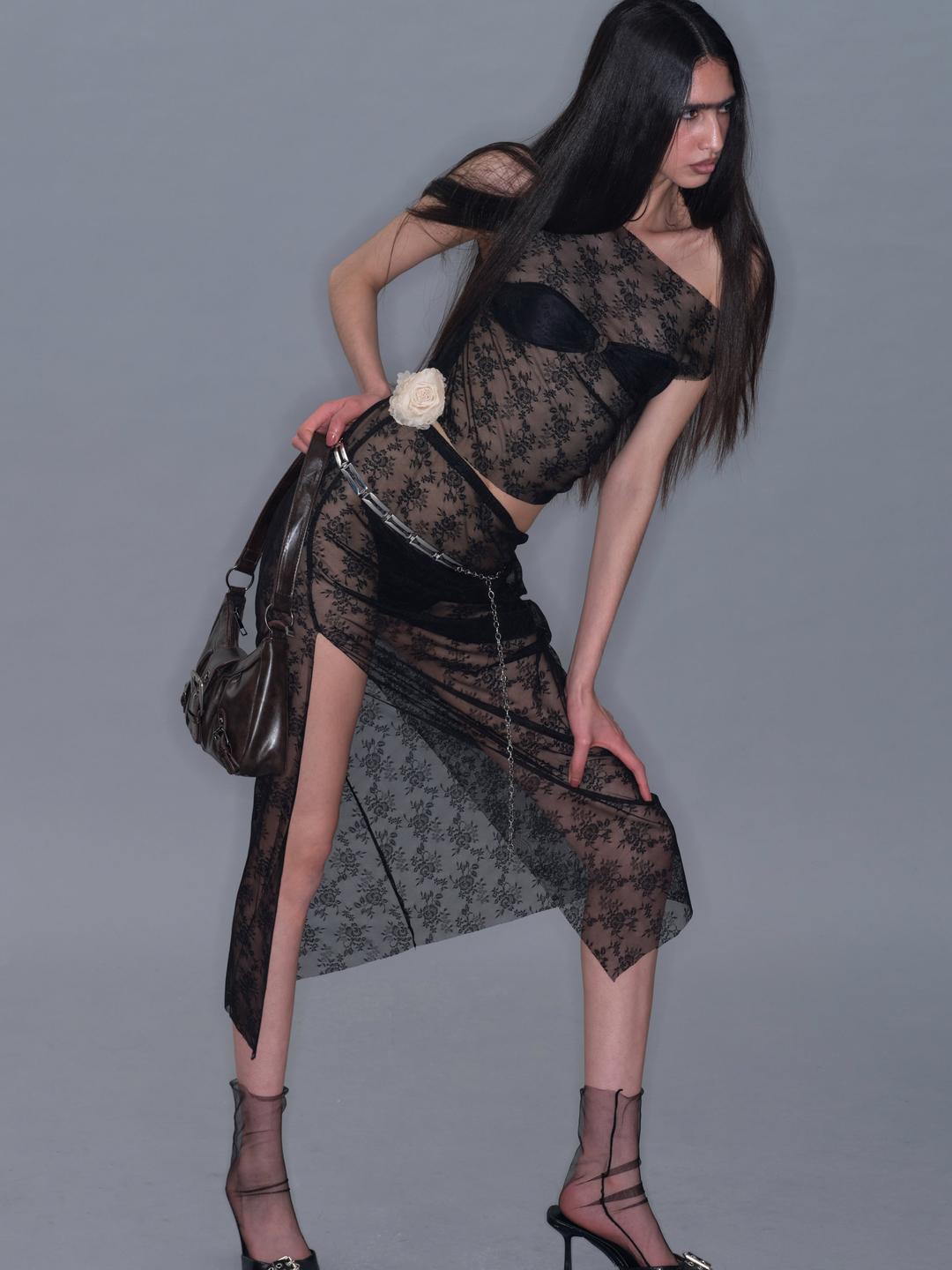 Mesh Side Slit Lace Dress/ Black
