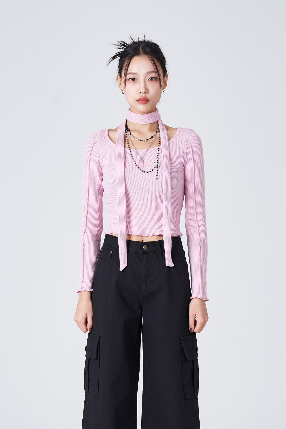 [ACUBI CLUB] scarf U-neck tee (Pink)