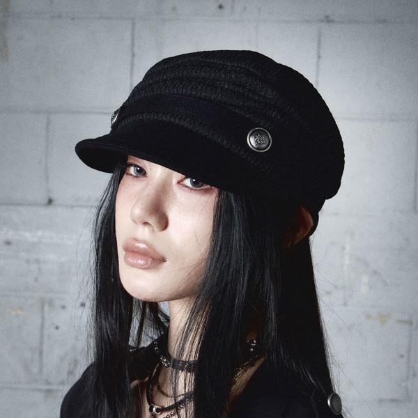 Draped Button Knit Cap (BLACK)
