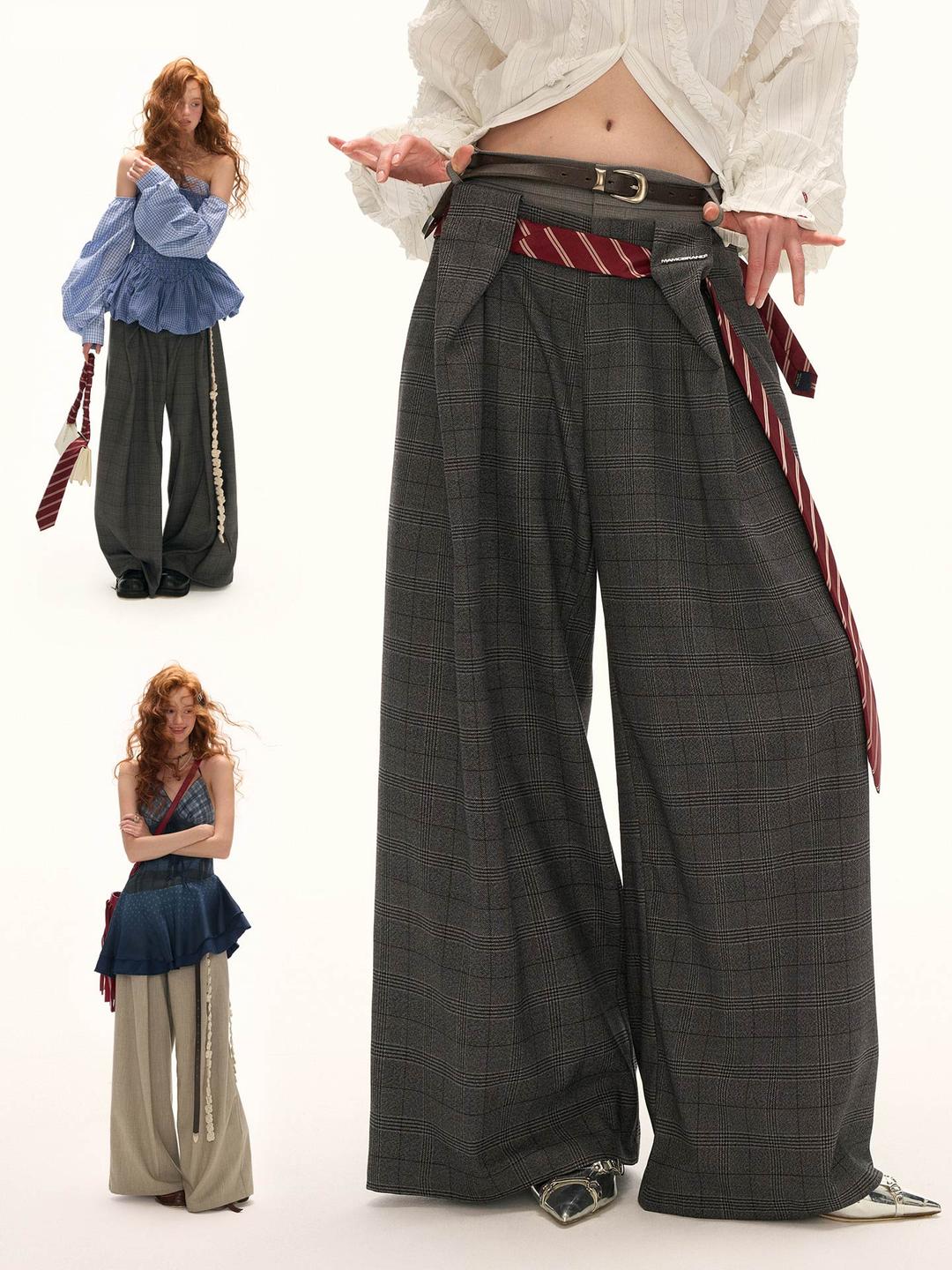 [MAMC] Double Waist Plaid Loose Pants