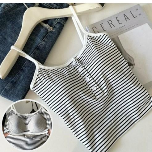 홈앤모아 크롭탑 캡나시 여름 면 나시티 버튼장식 스트라이프 끈나시