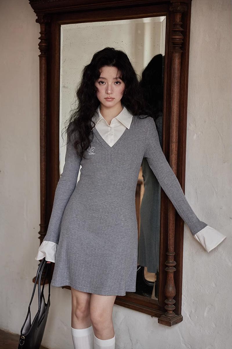 셔츠 페이크 투피스 미디 드레스