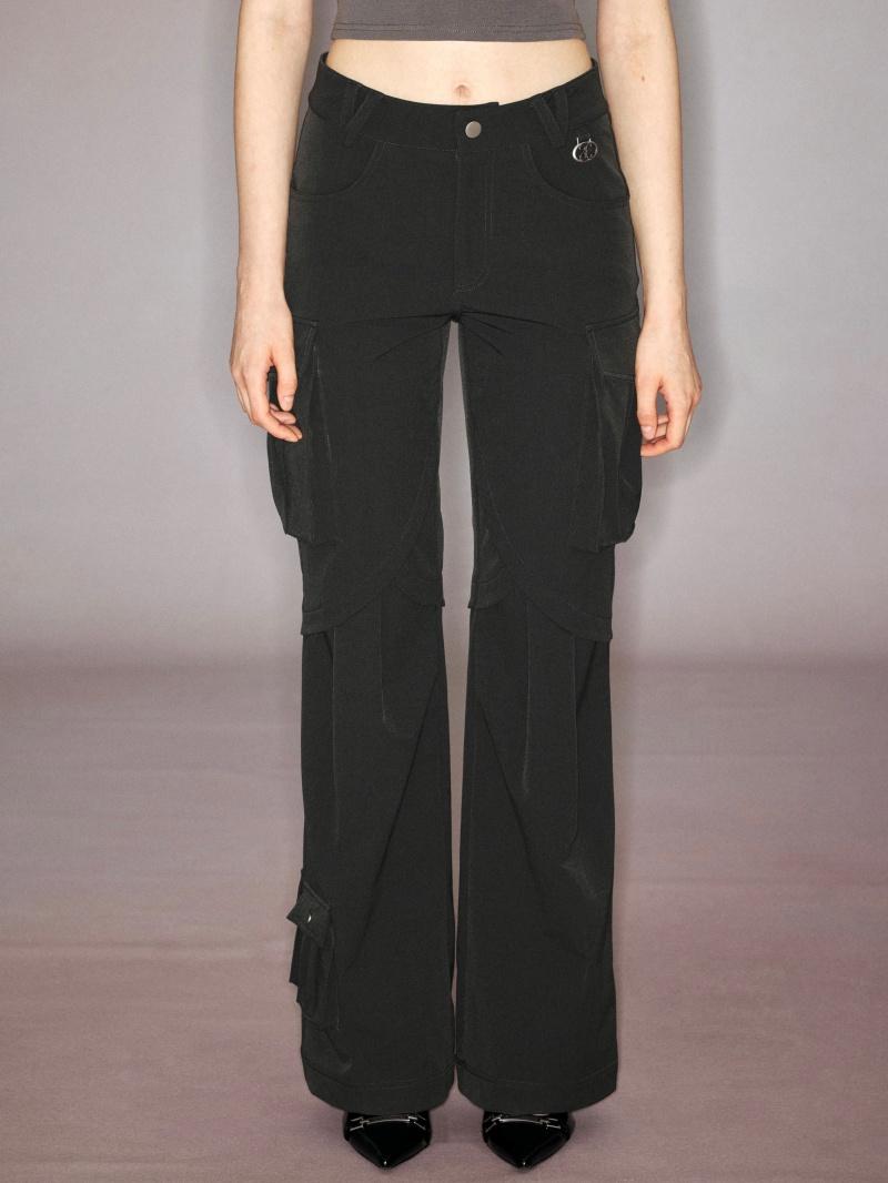 Multi-Pocket Shirring Point Bootcut Cargo Pants_khaki