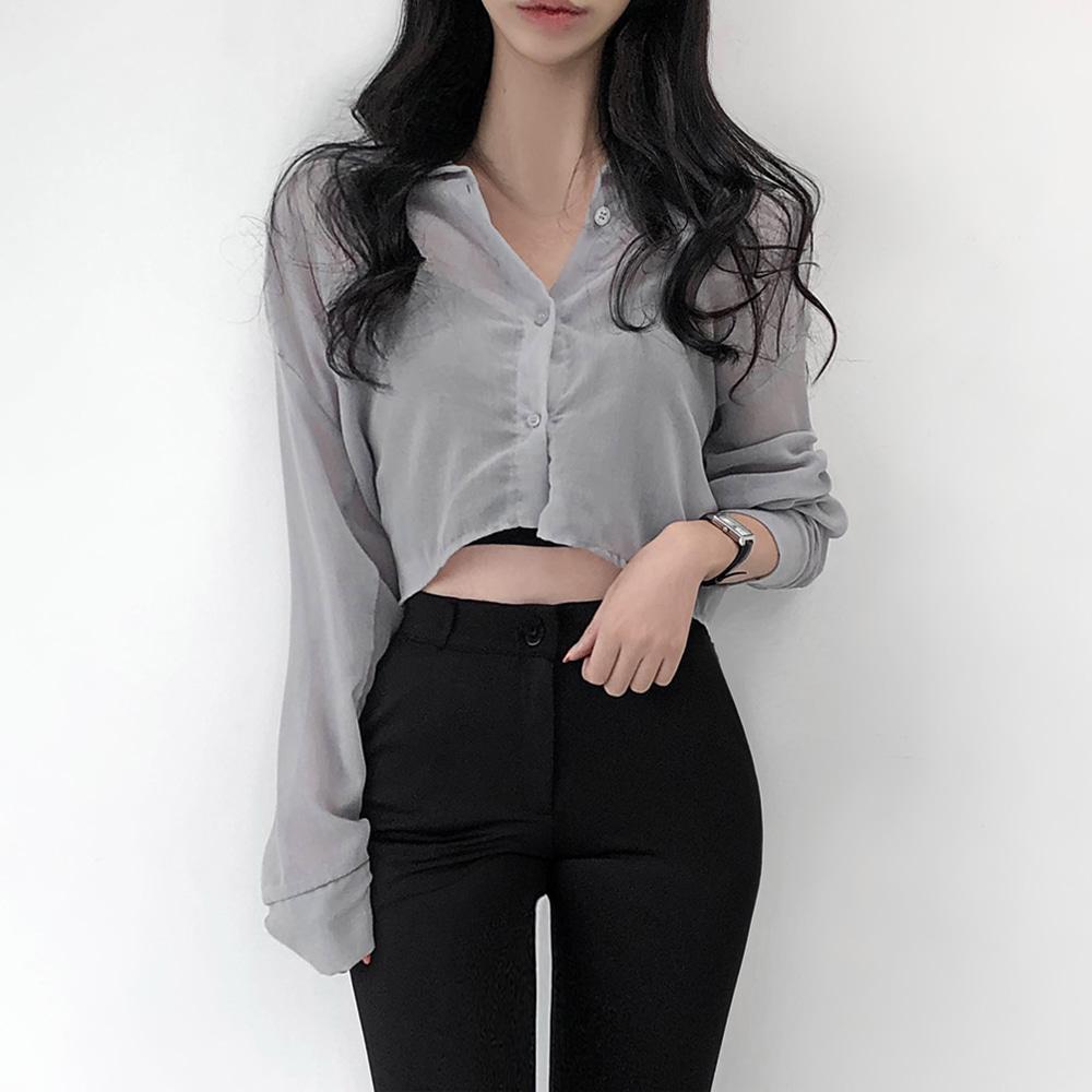 [무배]모튼 시스루 크롭 셔츠 블라우스 (아이보리/연베이지/브라운/소라/그레이/블랙)