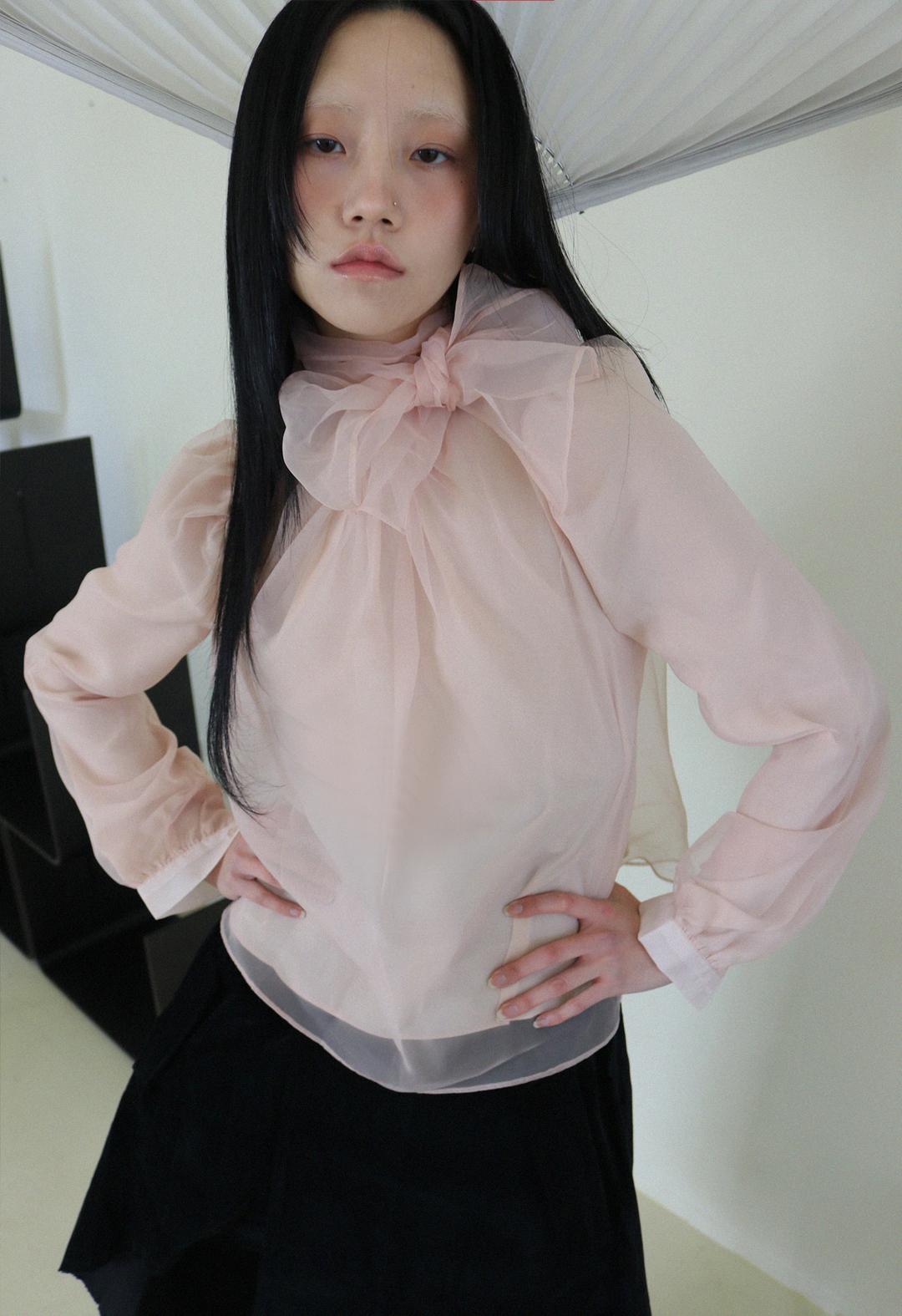 Organza Tie Ribbon Blouse, 3color