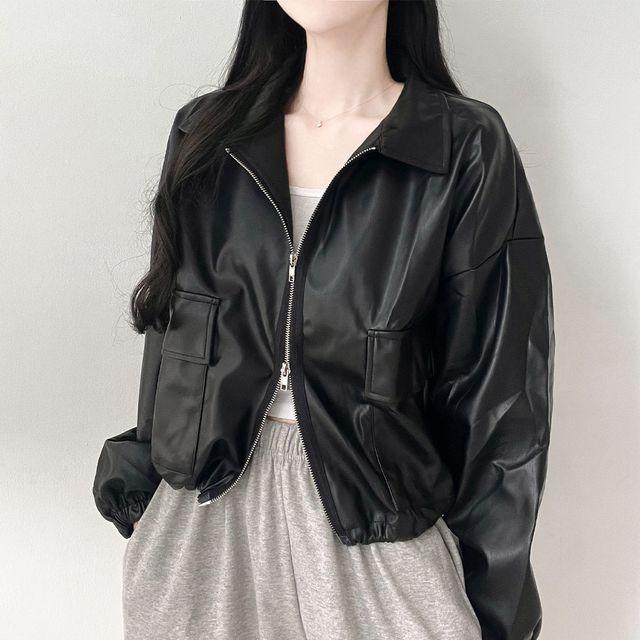 [간절기/스트링] 루즈핏 세미크롭 라이더 자켓 레더자켓 가죽자켓