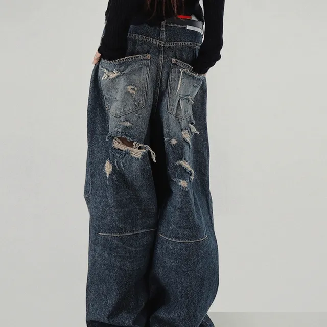 BACK DEST TUCK SLIT VINTAGE DAMAGE WIDE JEANS 백 디스트 턱 절개 빈티지 데미지 와이드청바지