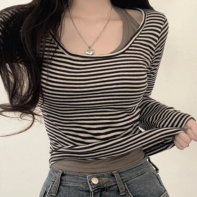 [단품구매가능/레이어드템!] 말라보이는, 홀터나시+단가라 스트라이프 오프숄더 긴팔 티셔츠